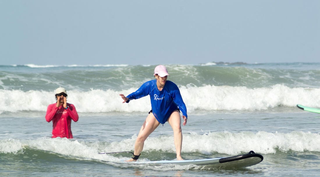 Wearing a hat while learning to surf