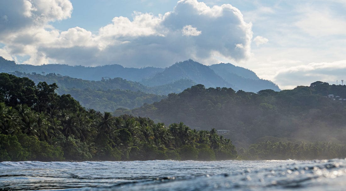 View from the water looking towards Playa Chaman, in the Marino Ballena National Park